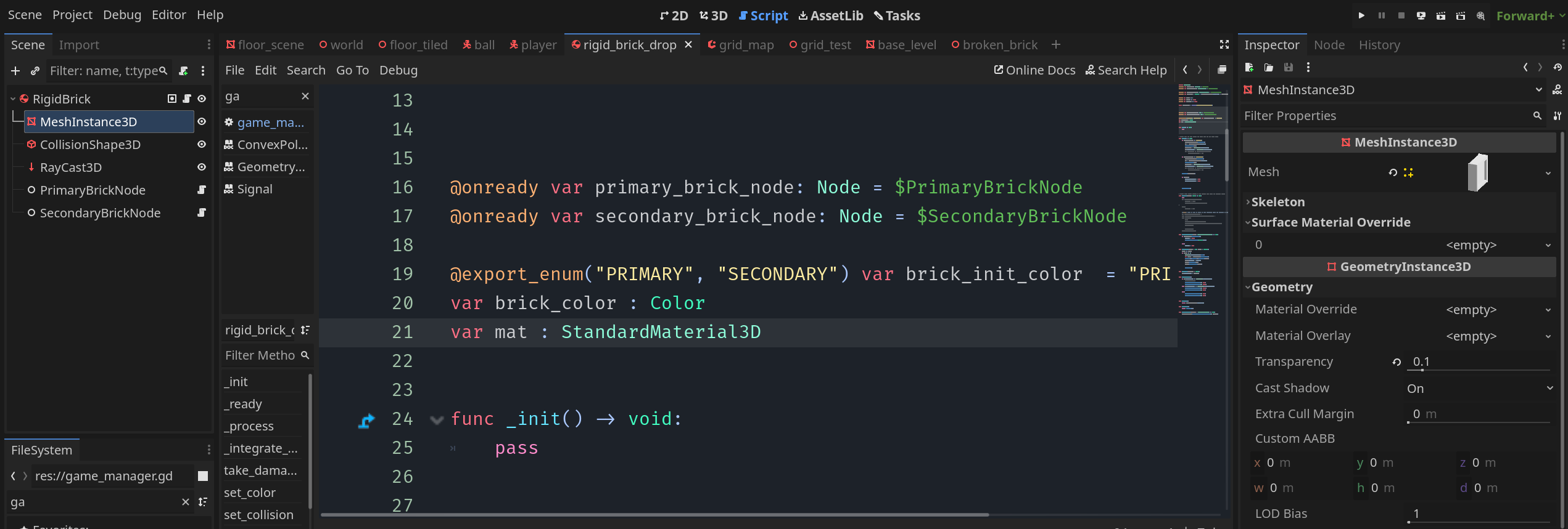 Godot 4 interface showing new child nodes, some code, and mesh properties