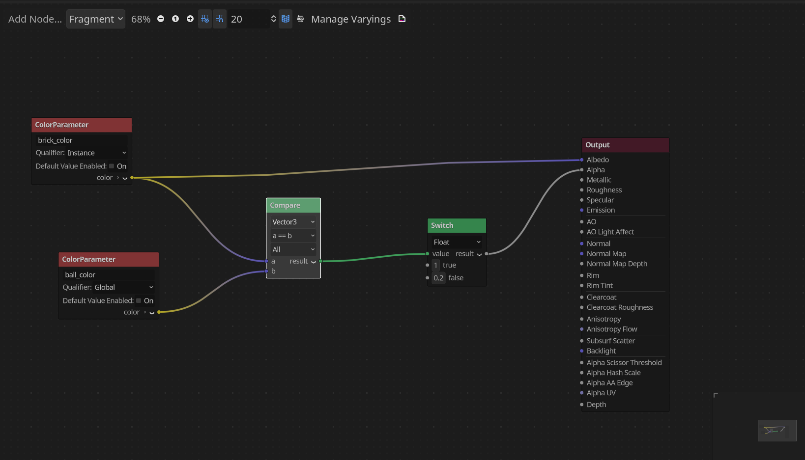 A visual shader that sets the color of the material and also adjusts the alpha depending on another variable